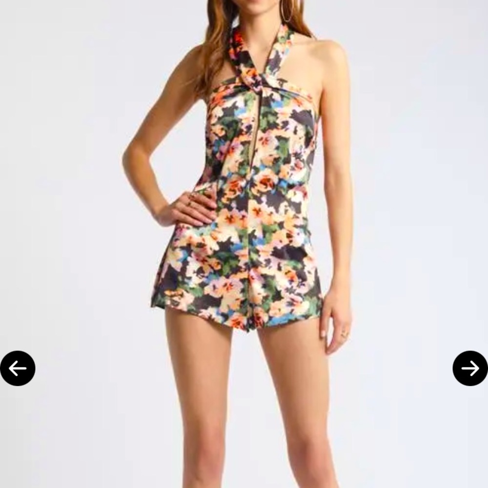 Open edit floral satin romper with halter top